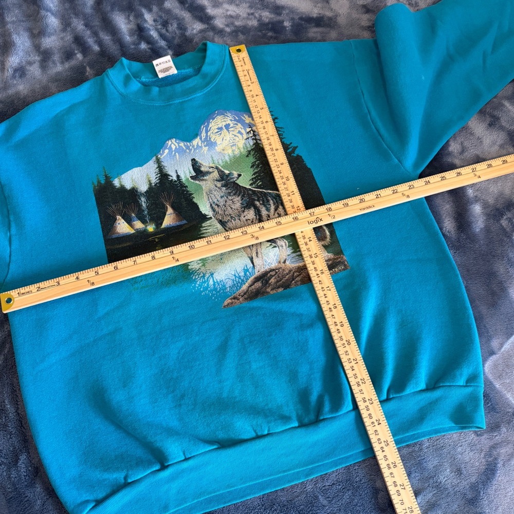 Vintage 90's Wolf Nature Animal Crewneck Sweatshirt Mens XL Blue Graphic Fleece - Picture 8 of 8